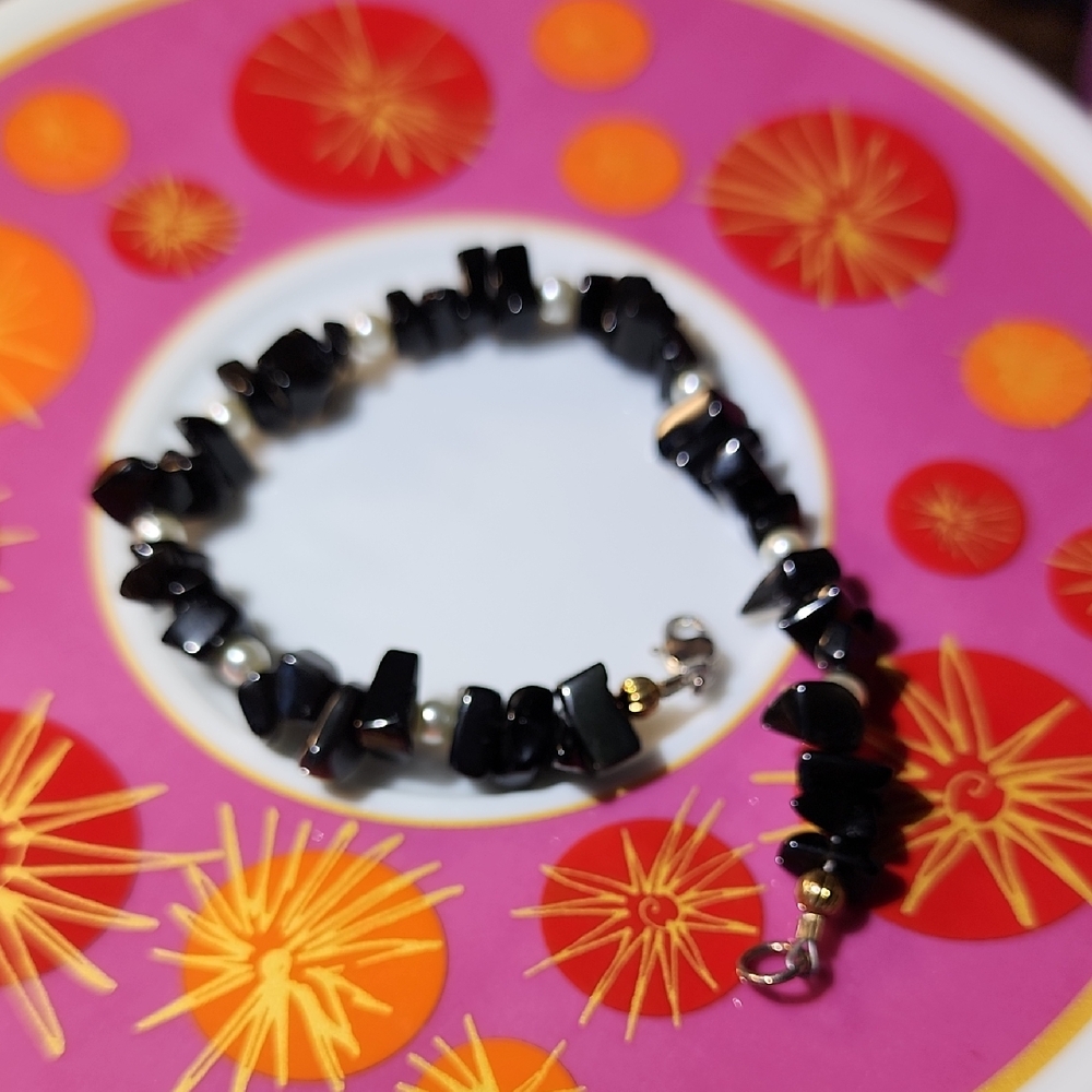 Black Stone Bracelet with Silver Accents